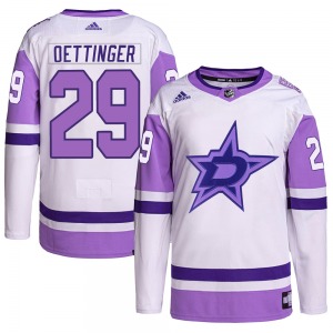 Jake Oettinger Dallas Stars Adidas Youth Authentic Hockey Fights Cancer Primegreen Jersey (White/Purple)