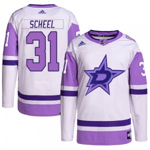 Adam Scheel Dallas Stars Adidas Authentic Hockey Fights Cancer Primegreen Jersey (White/Purple)